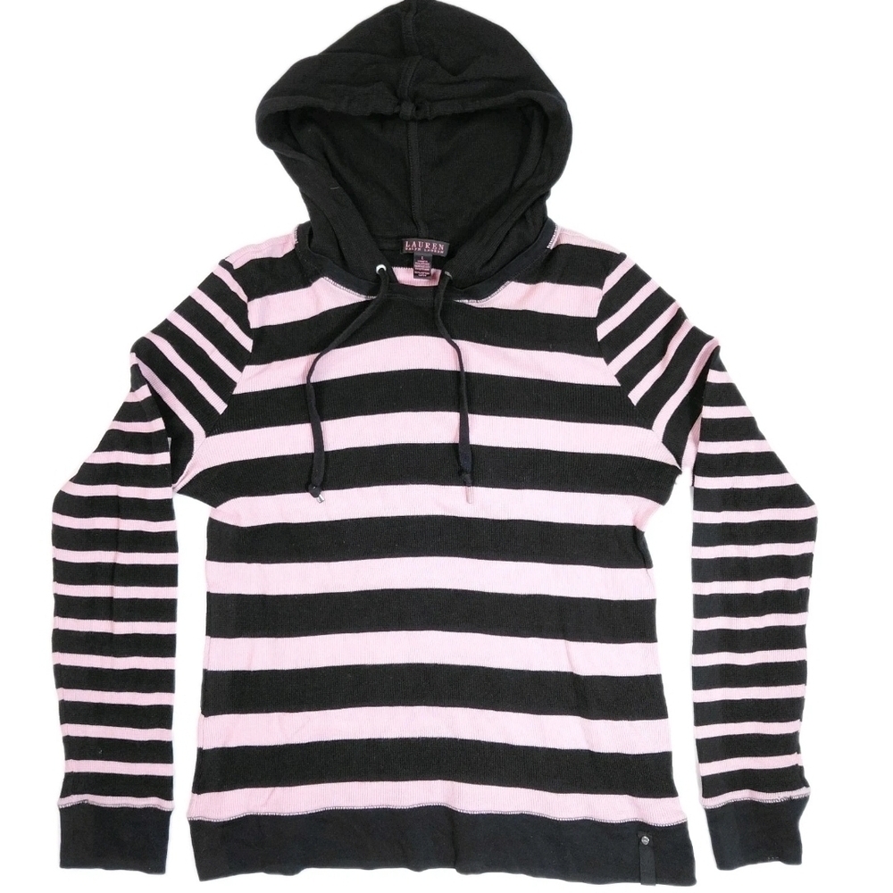 LAUREN Ralph Lauren Cotton Striped Women's Hoodie Black Pink Size L